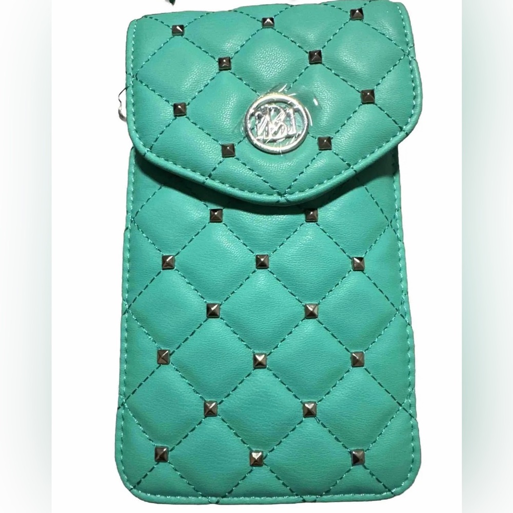 Badgley Mishka Teal Vegan Leather Crossbody Bag Purse Phone Case with Studs